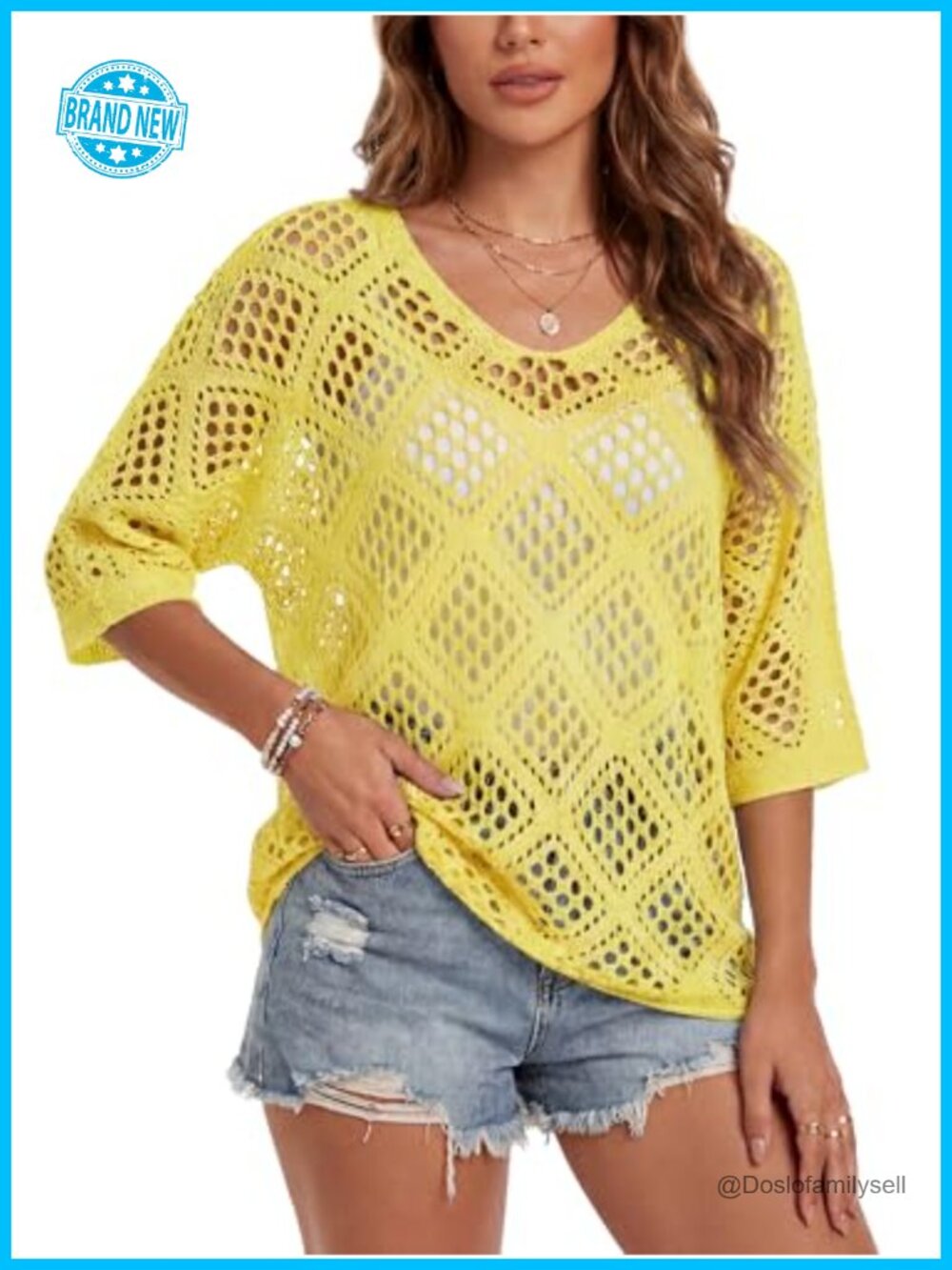 Womens Crochet Top Summer 3/4 Sleeve Cover Up V Neck Boho Lightweight